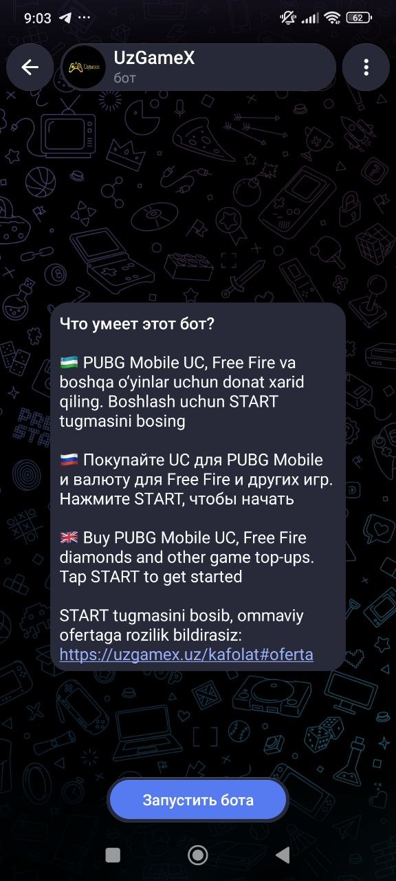 Uzgamex Telegram botini Start tugmasi orqali ishga tushirish