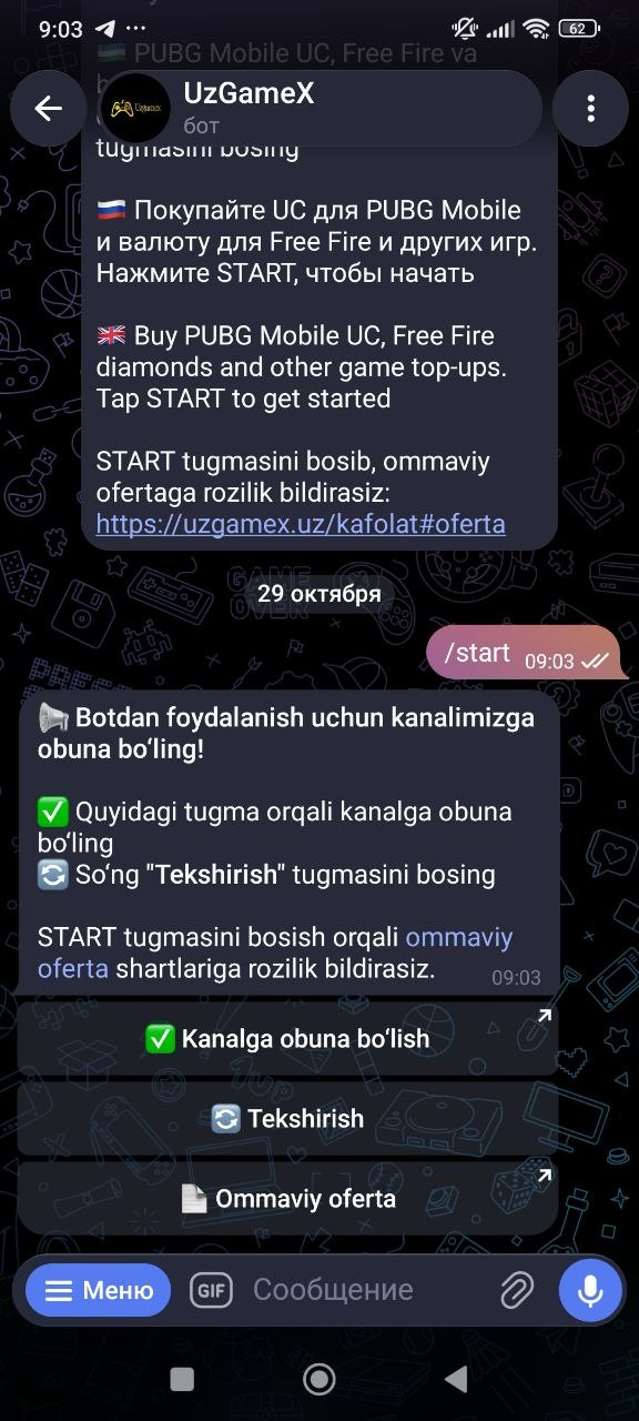 Kanalga obuna bo‘lish va botda obunani tekshirish