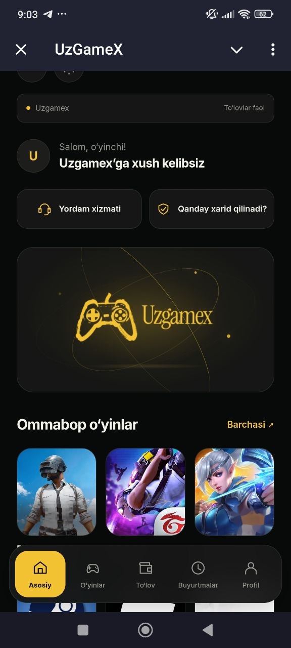 Mini App asosiy sahifasidan kerakli o‘yinni tanlash