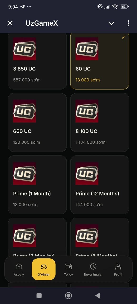 PUBG Mobile mahsulotlari orasidan 60 UC paketini tanlash